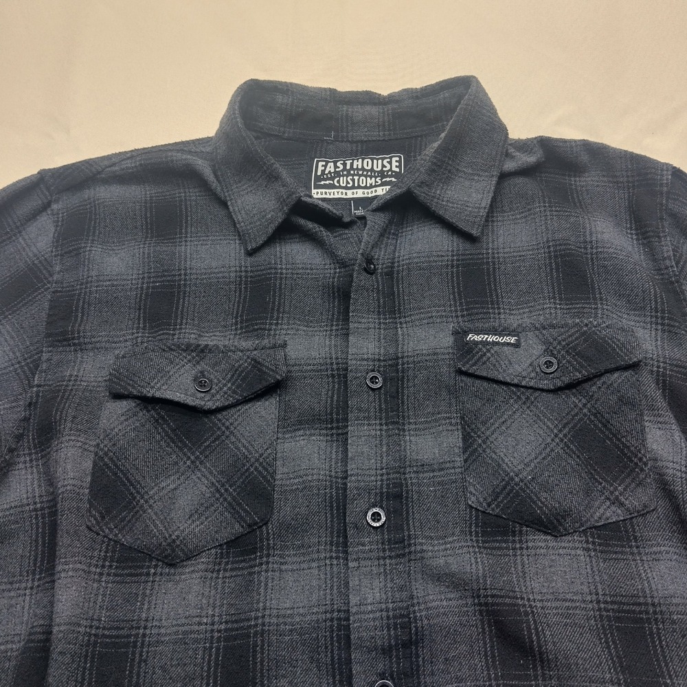 Fasthouse Customs Mens Large Plaid Flannel Shirt Gray Black Long Sleeve